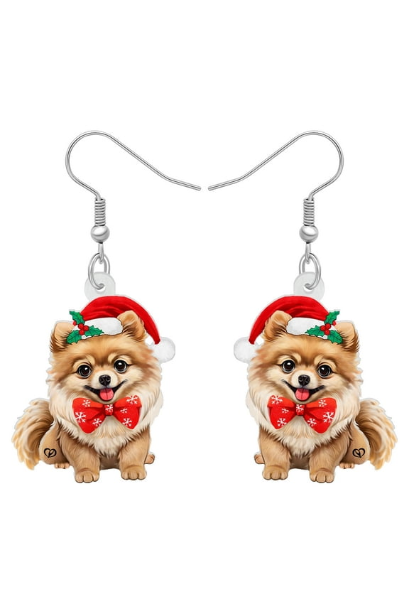 Christmas Day Acrylic Adorable Christmas Bow Tie Pomeranian Dog Earrings Santa Hat Puppy Dangle Jewelry For Women Dog Lovers Trendy Birthday Holiday Party Gifts