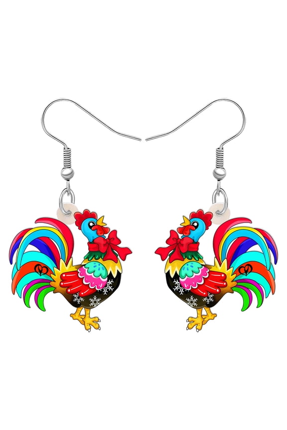 Christmas Day Acrylic Colorful Rooster Earrings Cute Bow Tie Chicken Farm Animals Dangle Drop Hypoallergenic Jewelry For Women Charms Holiday Party Gifts