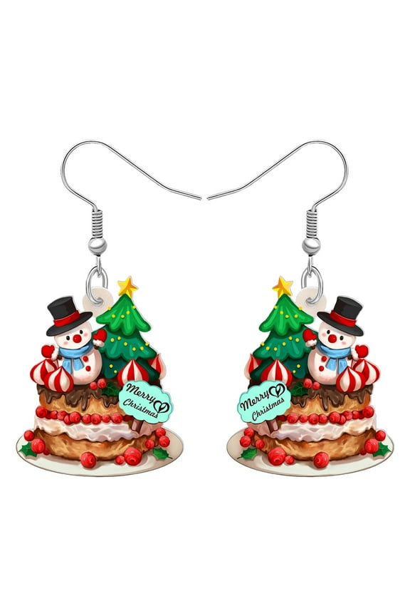Christmas Day Acrylic Sweet Cake Earrings Novelty Snowman Christmas Tree Cartoon Chocolate Cake Dangle Jewelry For Women Birthday Holiday Tea Party Christmas Gifts