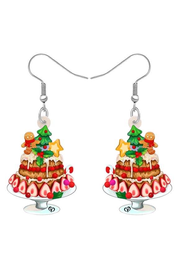 Christmas Day Acrylic Sweet Cake Earrings Novelty Snowman Christmas Tree Cartoon Chocolate Cake Dangle Jewelry For Women Birthday Holiday Tea Party Christmas Gifts
