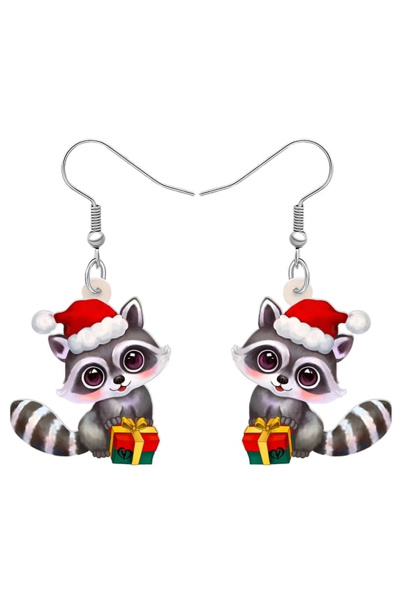 Cute Christmas Raccoon Earrings Cartoon Santa Hat North American Raccoon Dangle Jewelry For Women Christmas Gifts
