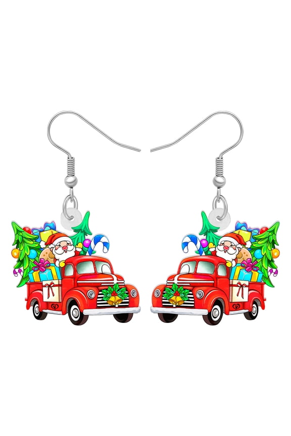 Cute Christmas Red Truck Earrings Acrylic Cartoon Christmas Tree Car Dangle Jewelry For Women Trendy Birthday Holiday Party Festival Gifts