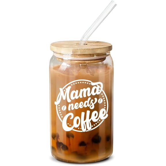 Neweleven Mother’s Day Gift for Mom, Mama Needs Coffee Glass Cup 16oz - Funny Mom Gift from Daughter, Son, Iced Coffee Tumbler
