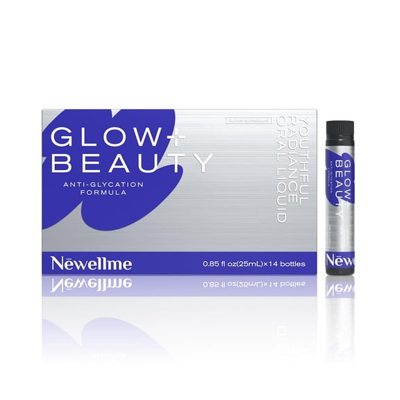 NEWELLME Glow+Beauty Collagen Drink Liquid Beauty Supplement with Hyaluronic Acid & Antioxidant Complex, Supports Skin Hydration, Hair & Nail Strength, 14 Bottles