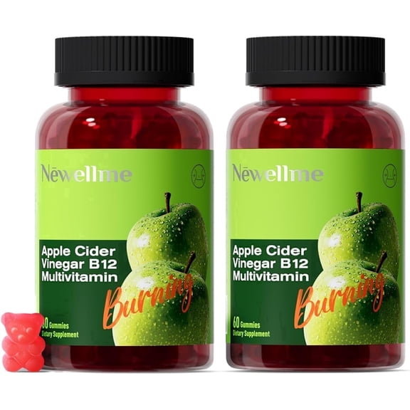 Newellme Sugar-Free Apple Cider Vinegar Gummies with The Mother & B12, ACV Gummy Vitamins, Apple Flavor, Vegan, Gluten-Free, for Women & Men, 2 Pack, 120 Gummies