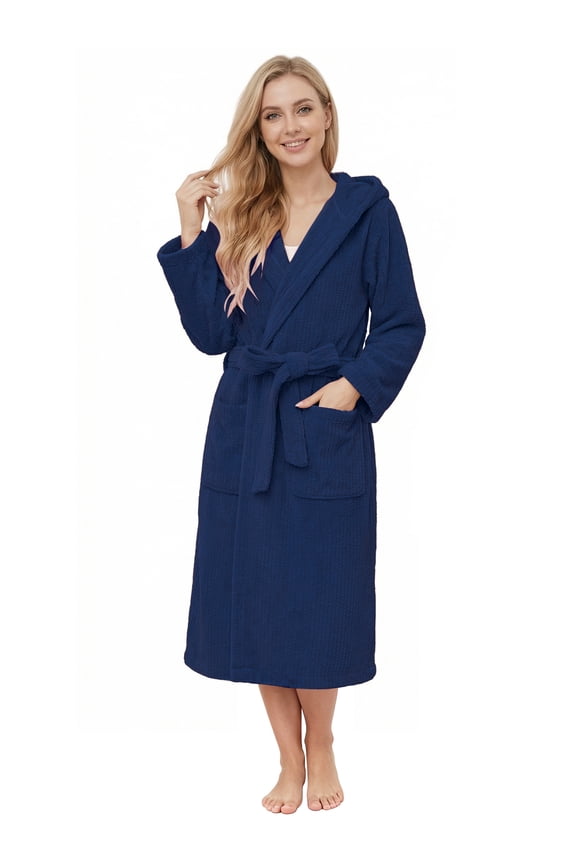 Hooded Bathrobes for Women, Soft Long Towel Robes for Women - Absorbent and Quick Dry (Navy,S/M)