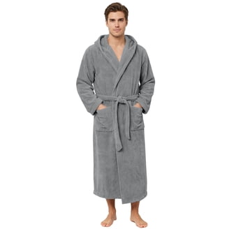 mens dressing gown grey Gomelly Long Sleeve Wrap Robe Thicken Plush Bath Robes Men Warm Lounge Nightwear Solid Color Towelling Gray Black L فساتين