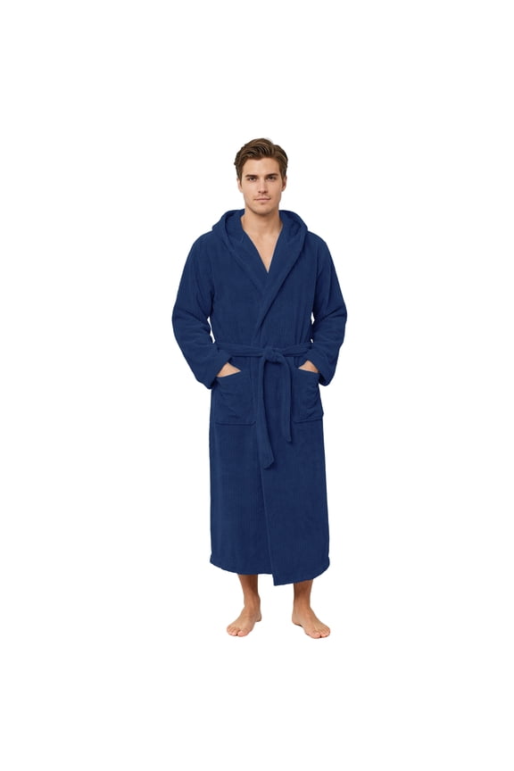 Men's Bathrobes with Hood, Soft Long Towel Robe for Men (Navy,L/XL)