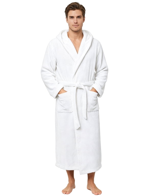 Men's Bathrobes with Hood, Soft Long Towel Robe for Men (White,L/XL)