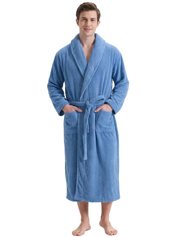 Men's Shawl Collar Bathrobe, Soft Long Towel Robe for Men (Haze Blue,L/XL)