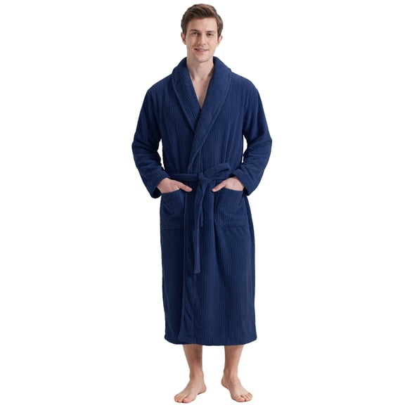 Neweven Men's Shawl Collar Bathrobe, Soft Long Towel Robe for Men (Navy,L/XL)