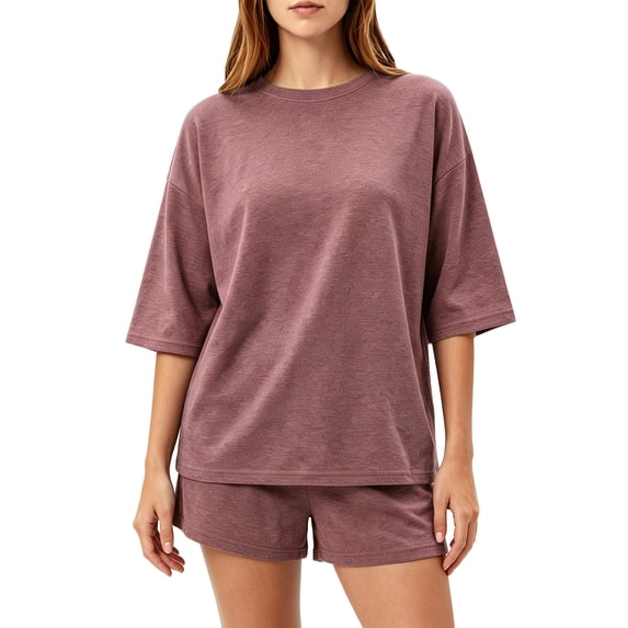 NEWEVEN Women's 2 Piece Lounge Pajama Set, 3/4 Sleeve Top & Drawstring Shorts(Large, Brick Red)