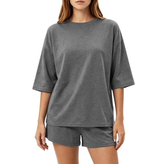 NEWEVEN Women's 2 Piece Lounge Pajama Set, 3/4 Sleeve Top & Drawstring Shorts(Medium, Dark Grey)