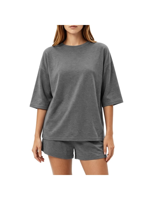 Women's 2 Piece Lounge Pajama Set, 3/4 Sleeve Top & Drawstring Shorts(X-Large, Dark Grey)