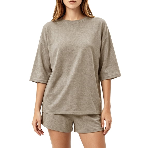 NEWEVEN Women's 2 Piece Lounge Pajama Set, 3/4 Sleeve Top & Drawstring Shorts(X-Large, Khaki)
