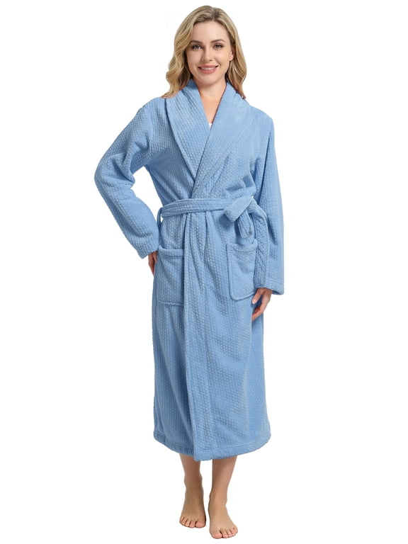 Women's Shawl Collar Bathrobe, Soft Long Towel Robes for Women(Haz Blue,S/M)