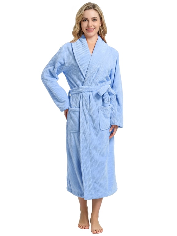 Women's Shawl Collar Bathrobe, Soft Long Towel Robes for Women(Light Blue,S/M)