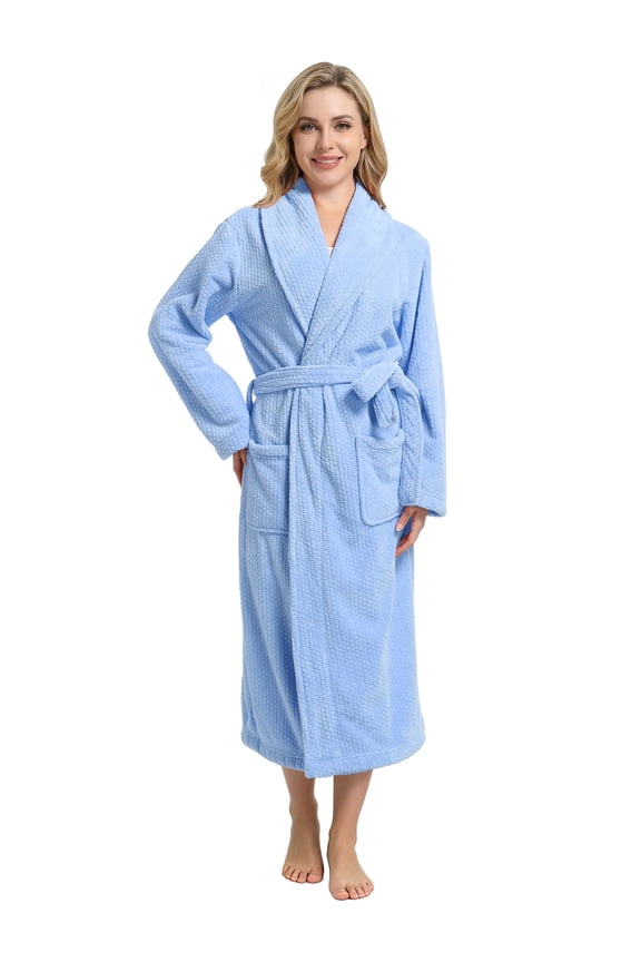 Women's Shawl Collar Bathrobe, Soft Long Towel Robes for Women(Light Blue,S/M)
