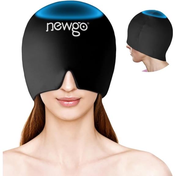 NEWGO Headache Relief Hat Migraine Ice Cap with Top Coverage, Light Blocking Migraine Relief Cap and Sleeping Mask with Cooling Gel & Compression for Tension, Sinus Pressure, Puffy Eyes (Black)