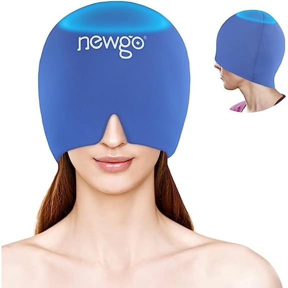 NEWGO Headache Relief Hat Migraine Ice Cap with Top Coverage, Light Blocking Migraine Relief Cap and Sleeping Mask with Cooling Gel & Compression for Tension, Sinus Pressure, Puffy Eyes (Navy Blue)