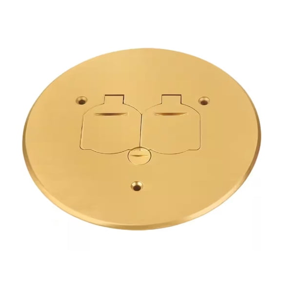 NEWHOUSE ELECTRIC Low-Profile Round Floor Box Outlet Cover with 15A TR Duplex Receptacle and 2 Lift Lids, Brass