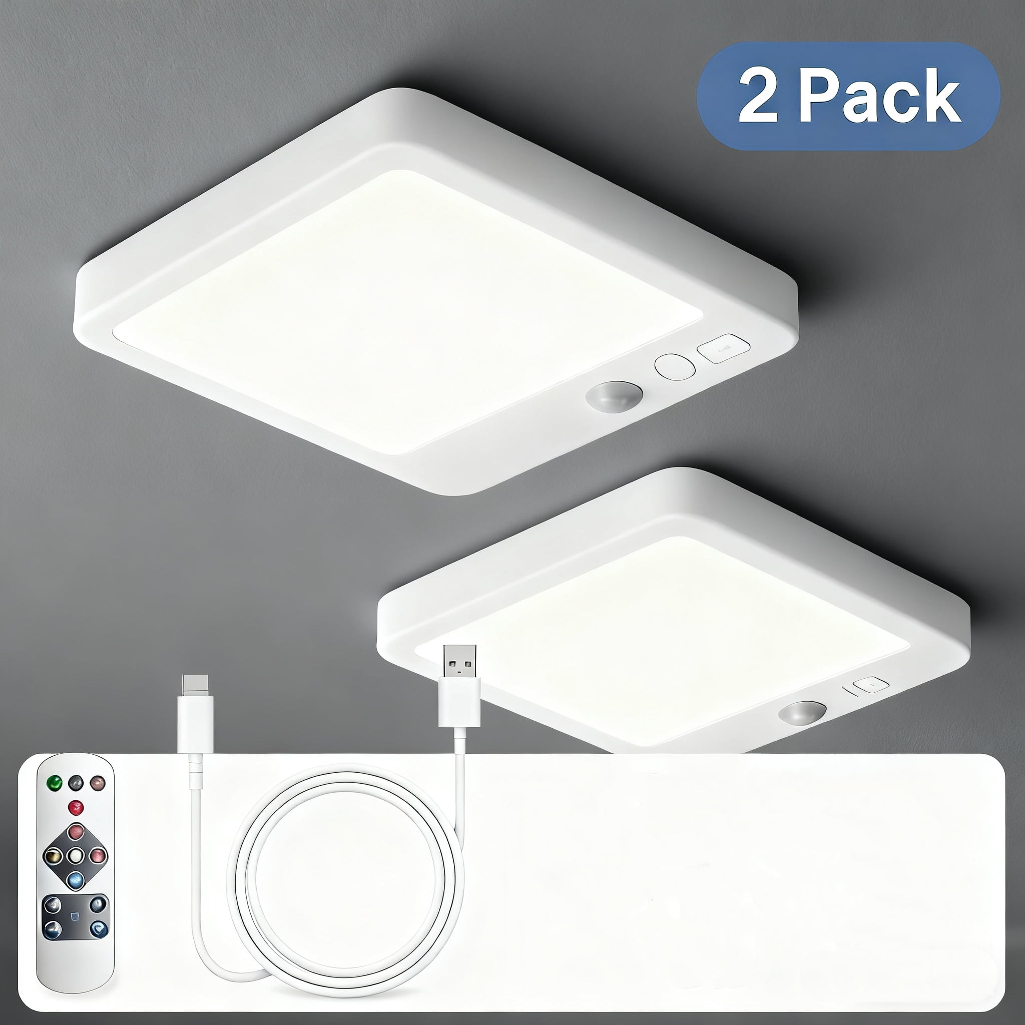 NEWJOEY 2 Pack Wireless Motion Sensor Ceiling Lights, Rechargeable 4000mAh LED Fixtures with Remote, Dimmable 3-Color Flush Mount Lights for Bedroom, Hallway & Closet