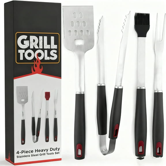 NEWJOEY 4-Piece Stainless Steel BBQ Grill Tool Set, Heavy Duty Barbecue Accessories with Spatula, Tongs, Fork & Brush, Heat Resistant Handles