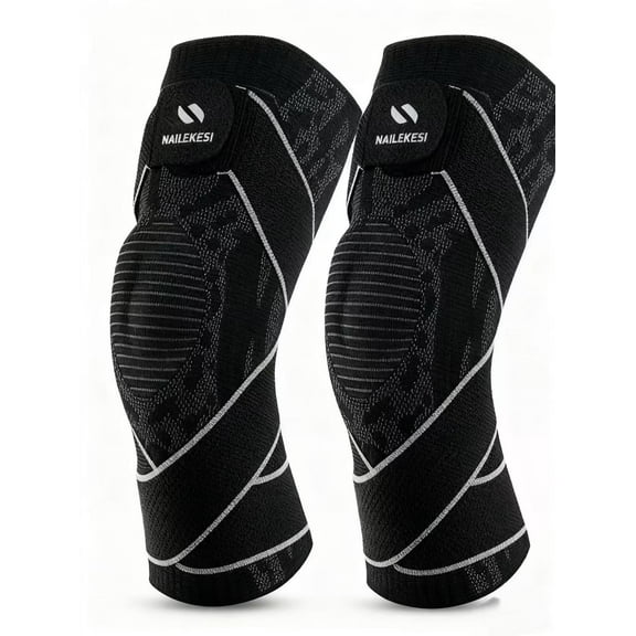 NEWJOEY Black Large Knee Brace 2-Pack – Dual Compression Sleeves with Silicone Pad & Fish-Scale Springs, X-Strap Anti-Slip – Running, Weightlifting, Rehab