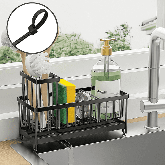 NEWJOEY Kitchen Sink Caddy, Sponge Holder with Rotatable Spout & 3 Compartments, Rustproof Stainless Steel Organizer with Cable Tie for Countertop