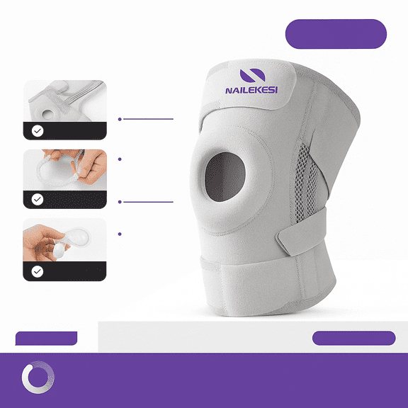 NEWJOEY Plus Size Knee Brace with Side Stabilizers & Silicone Pad – Breathable, Adjustable Support for Arthritis, ACL, Meniscus Pain – Gray Purple, Single/Pair Pack