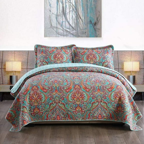 NEWLAKE 3-Piece Blue Floral Quilt Bedding Sets, Queen