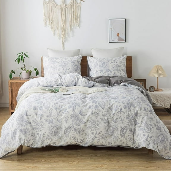 NEWLAKE Duvet Cover Set 3-Piece Cotton Comforter Cover White Classic Floral Duvet Bedding Sets, Queen