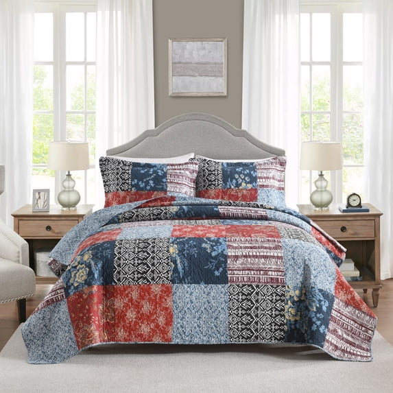 NEWLAKE 3-Piece Cotton Patchwork Quilt Set Bohemian Quilt Set with Pillow Shams (King, Red and Blue)