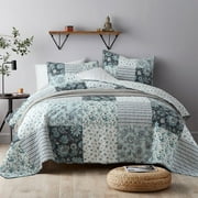 NEWLAKE 3-Piece Floral Cotton Patchwork Quilt Set Decor Quilt Set with Pillow Shams (King, Green)