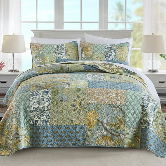 NEWLAKE 3-Piece Floral Cotton Patchwork Quilt Set Decor Quilt Set with Pillow Shams (Queen, Green)