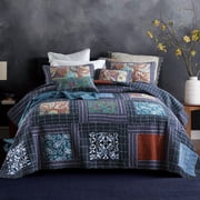 NEWLAKE 3-Piece Floral Cotton Patchwork Quilt Set Decor Quilt Set with Pillow Shams Queen, Navy Blue