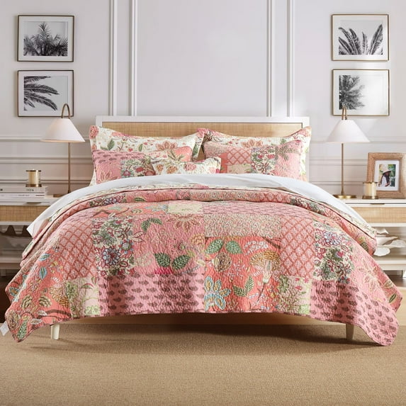 NEWLAKE 3-Piece Floral Cotton Patchwork Quilt Set Decor Quilt Set with Pillow Shams (Queen, Pink)