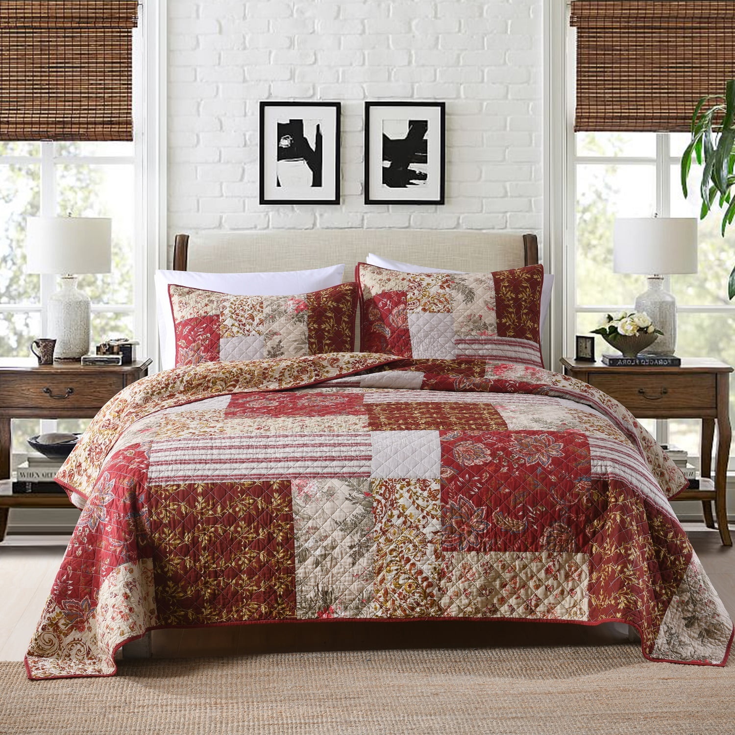 NEWLAKE 3Piece Floral Cotton Patchwork Quilt Set (King, Red)