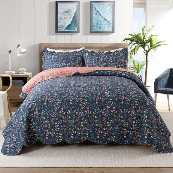 NEWLAKE 3-Piece Floral Microfiber Quilt Set Lightweight Bedding Set with Shams for All Season, Blue and Red Quilt, King Size