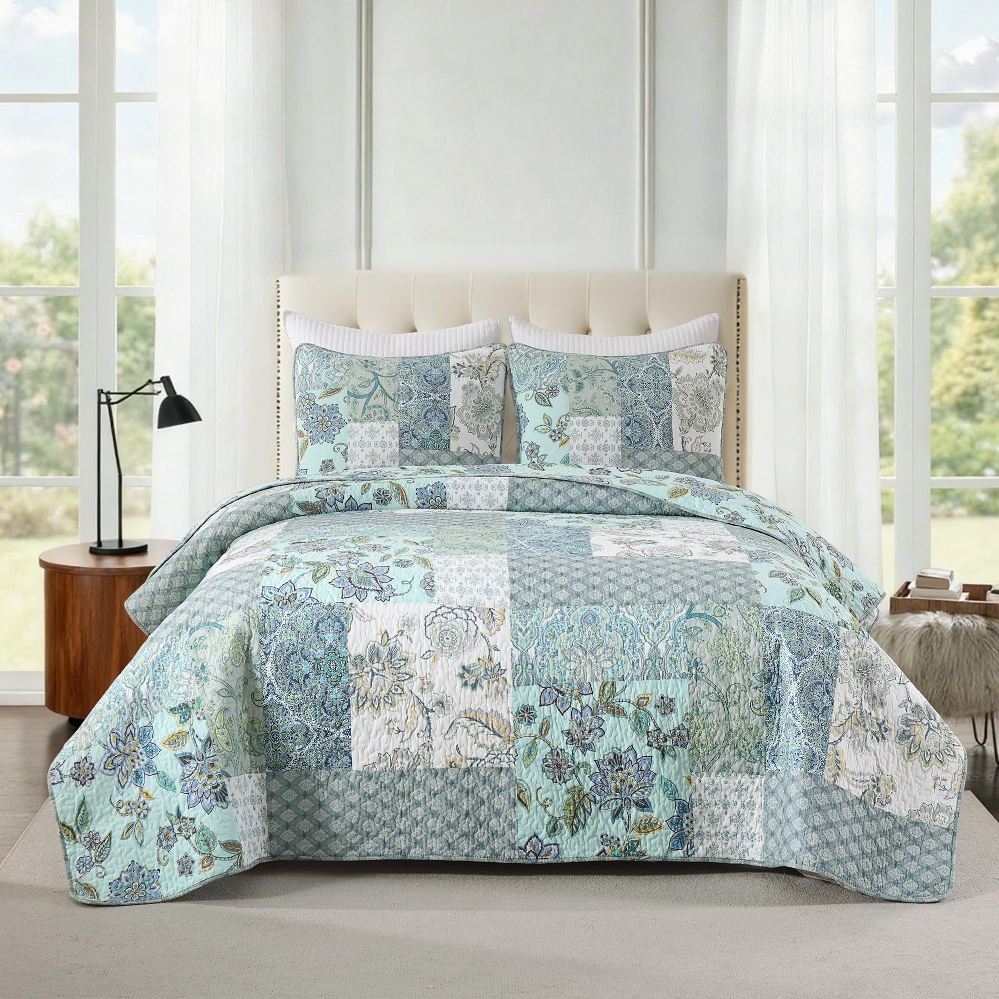 NEWLAKE 3-Piece Floral Cotton Patchwork Quilt Set Decor Quilt Set with Pillow Shams (Queen, Light Turquoise)