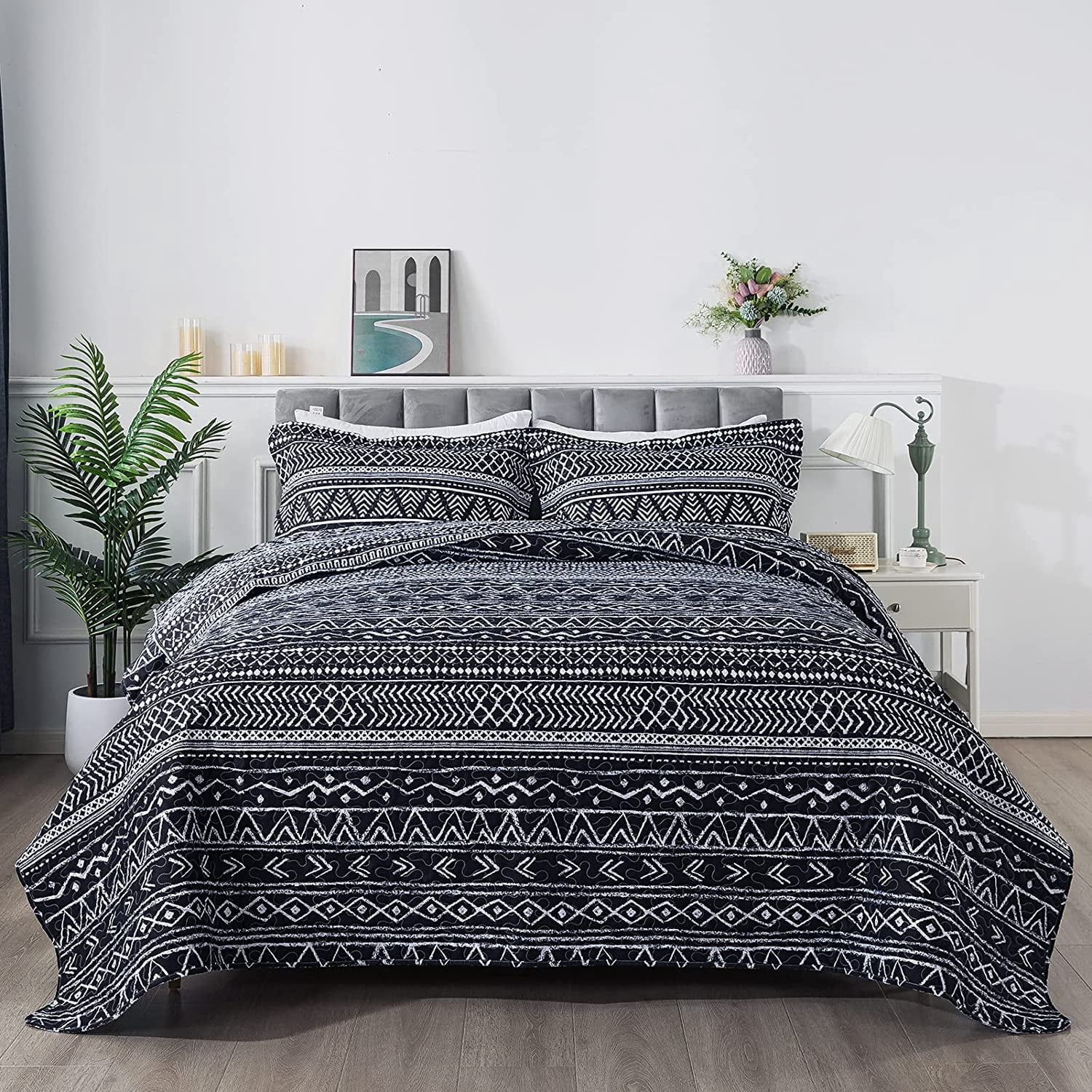 NEWLAKE 3-Piece Queen Quilt Set Striped Pattern Microfiber Soft Lightweight Bedding Set with Shams for All Season, Black and White Quilt, Queen Size
