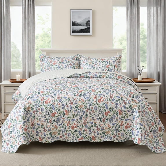 NEWLAKE 3-Piece Quilt Set Quilted Bedspread Lightweight Coverlet Set Garden Style Floral Bedding Set for All Season, Purple and Green Quilt, King Size