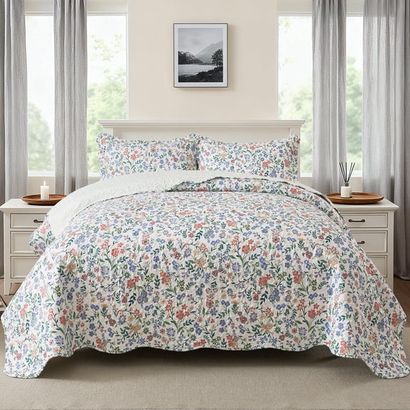 NEWLAKE 3-Piece Quilt Set Quilted Bedspread Lightweight Coverlet Set Garden Style Floral Bedding Set for All Season, Purple and Green Quilt, Queen Size