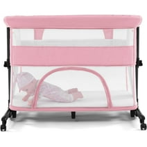 NEWLAKE Baby Bassinet Bedside Sleeper Bedside Crib, 4 in 1 Travel Baby Crib, Adjustable Portable Bed for Infant/Baby, Pink