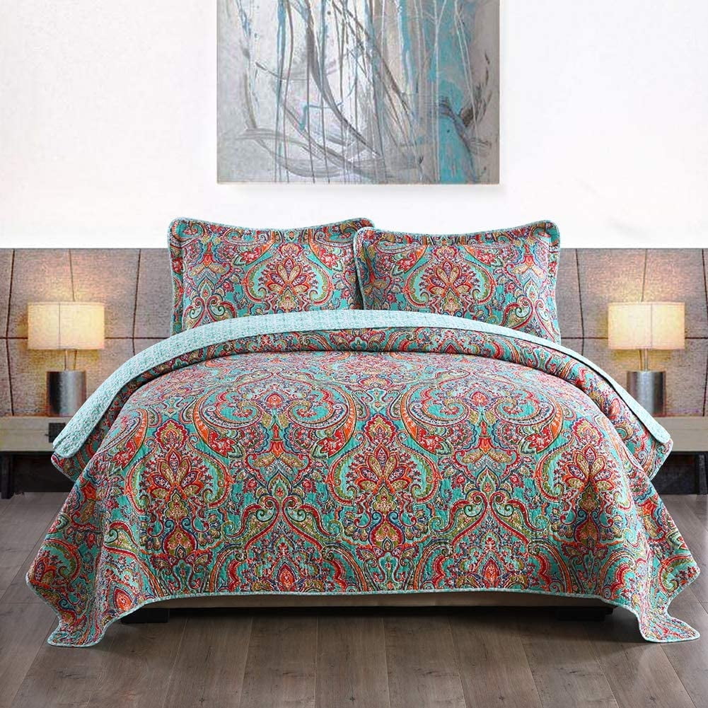 King Size Blue Cotton Reversible Floral Quilt Set