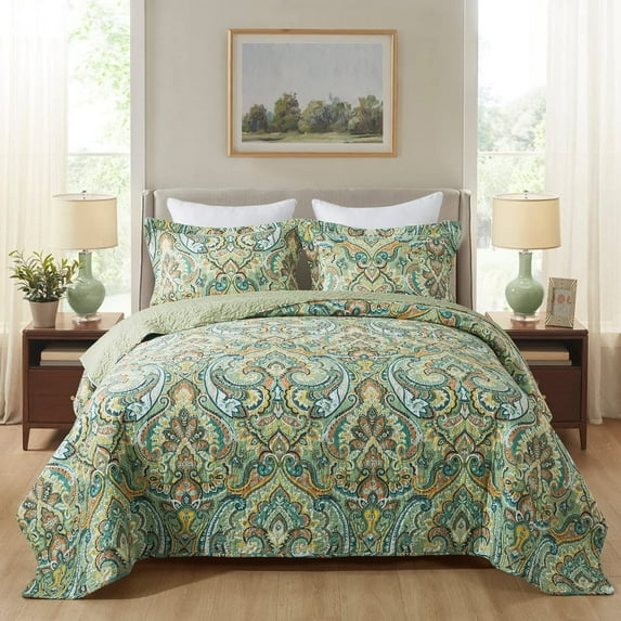 NEWLAKE 3-Piece Green Floral Quilt Bedding Sets, King