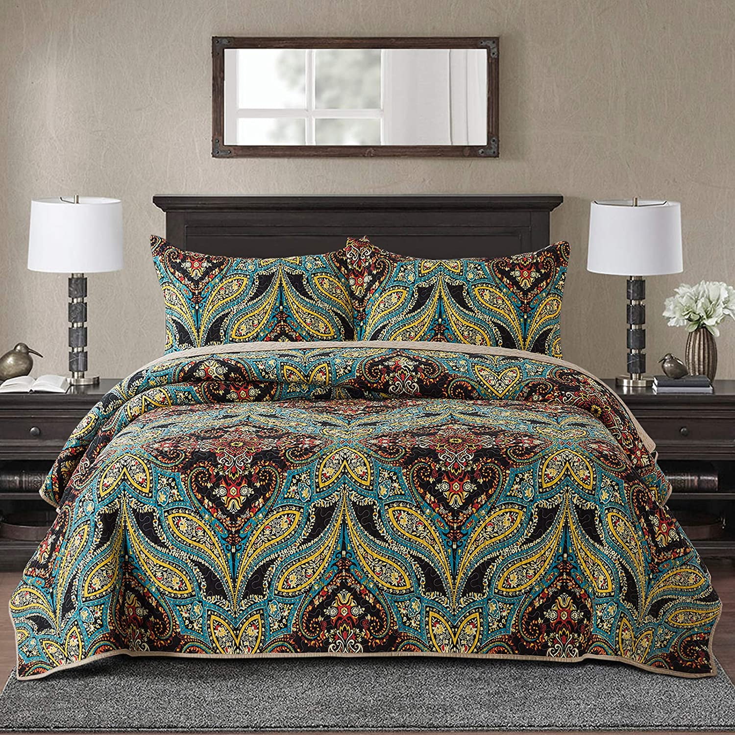 NEWLAKE Cotton Bedspread King Quilt Sets, European Rouge Floral Pattern