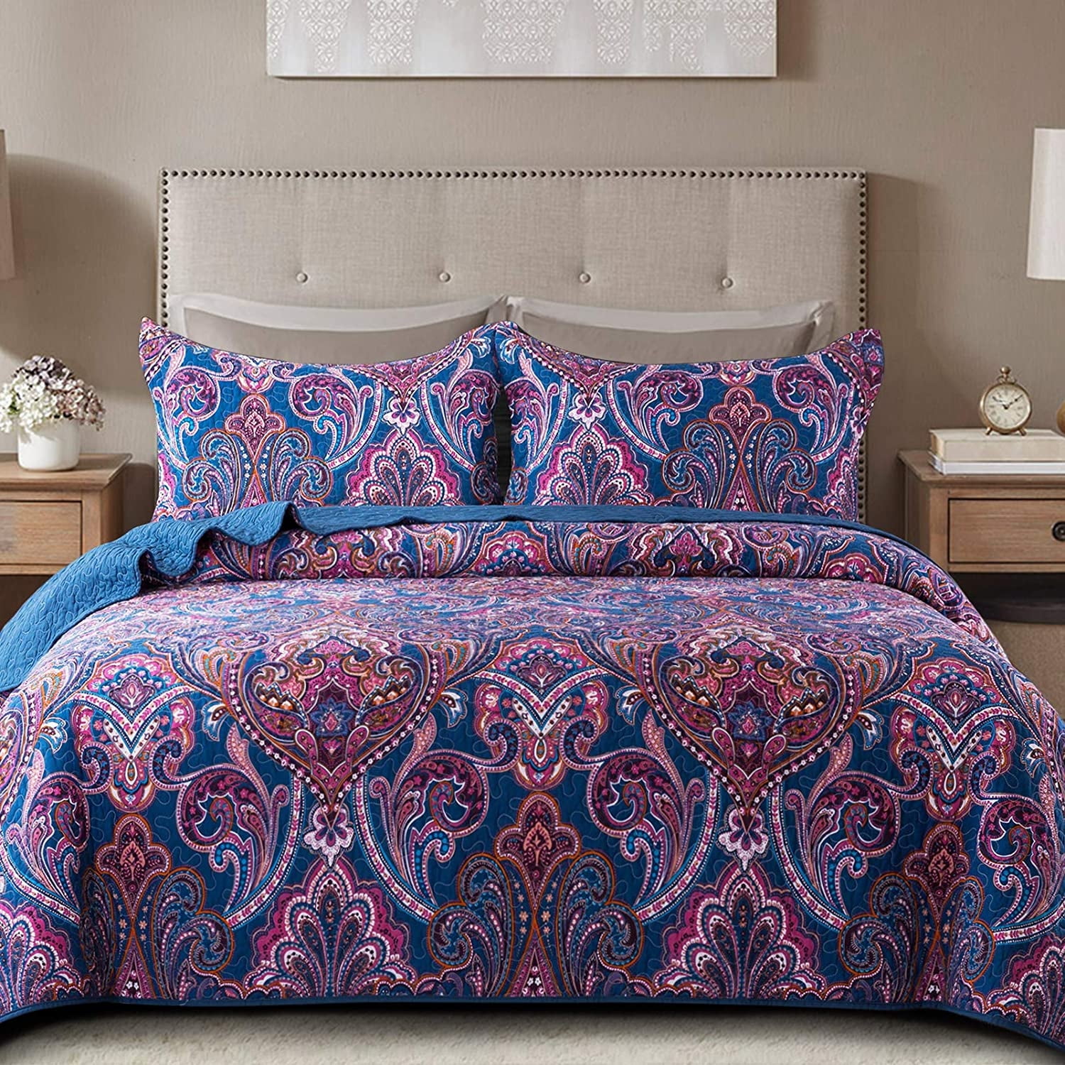 King Purple Cotton Reversible Floral Quilt Set