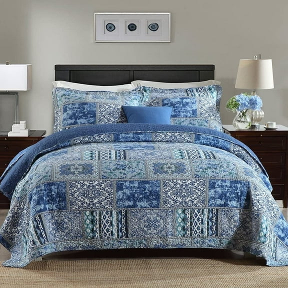 NEWLAKE Cotton Bedspread King Quilt Sets Reversible Patchwork Coverlet Set, Blue Classic Bohemian Pattern