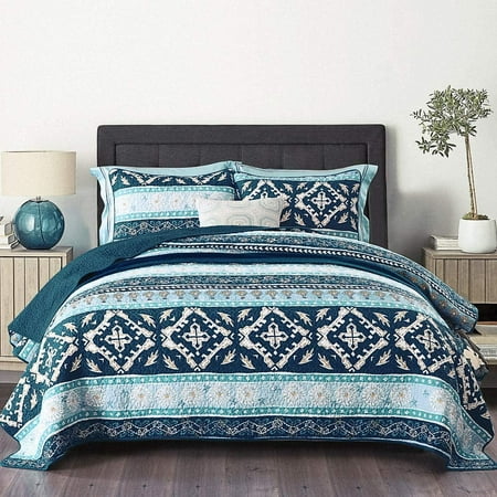 NEWLAKE Cotton Bedspread King Quilt Sets Reversible Patchwork Coverlet Set, Boho Chic Pattern